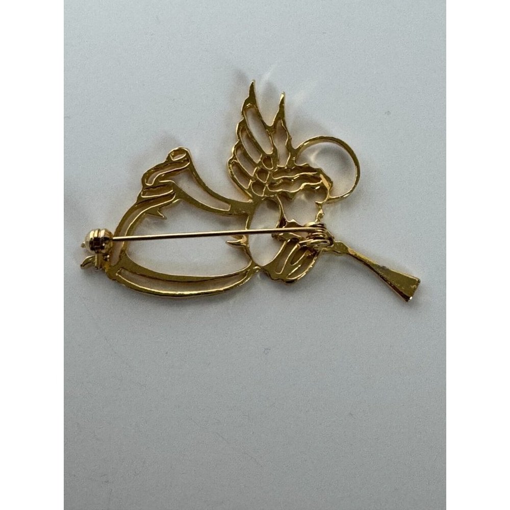 Christmas Angel with Trumpet Brooch Pin Goldtone Outline Holidays Jewelry 2.5" - Picture 2 of 3